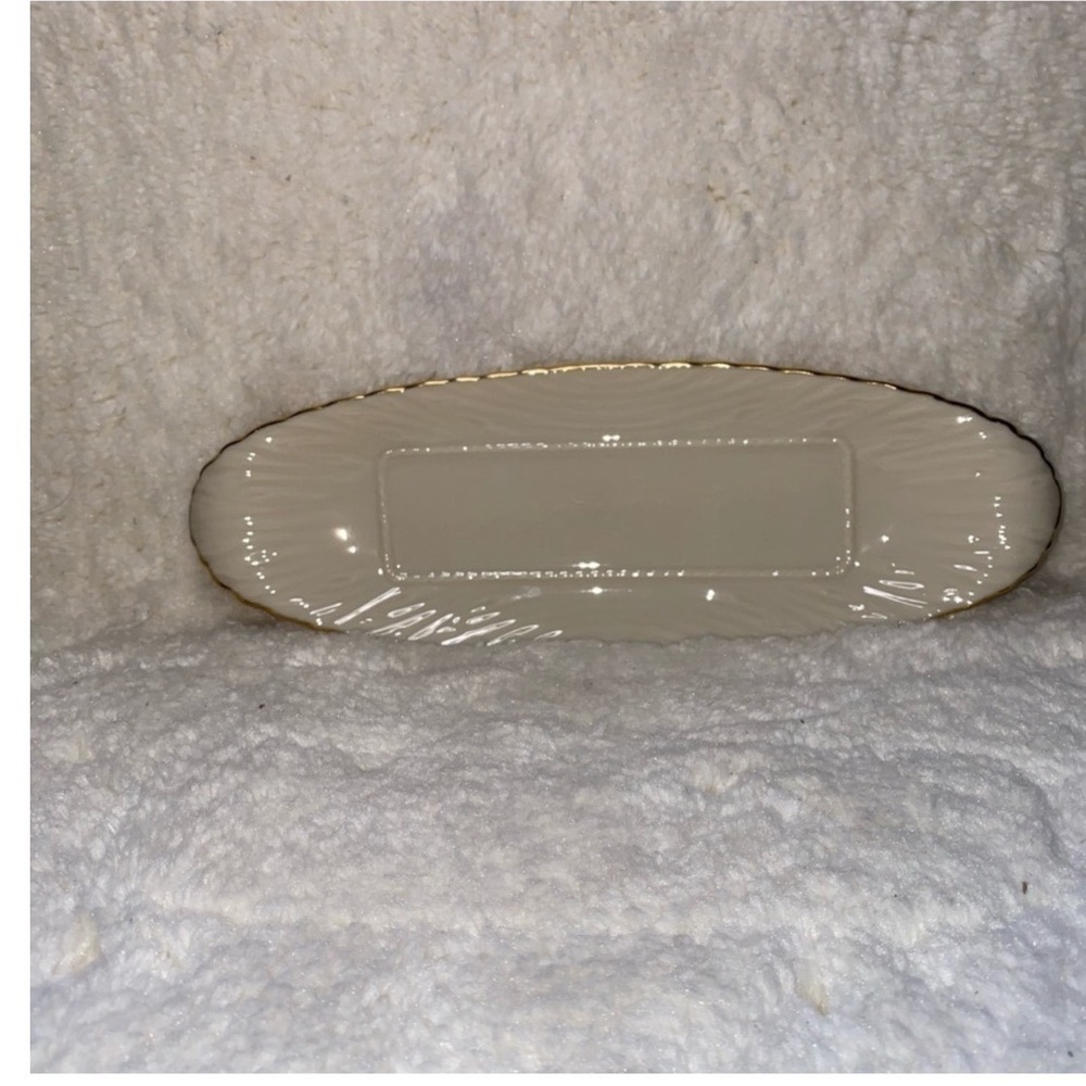 Lenox Ivory Gold Trim Butter Tray Embossed Leaf Scalloped Oval Bread Dish 9.25in
